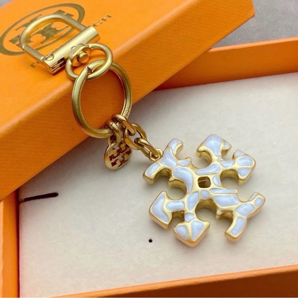 Tory Burch White Enamel Gold-Tone Logo Keychain Charm